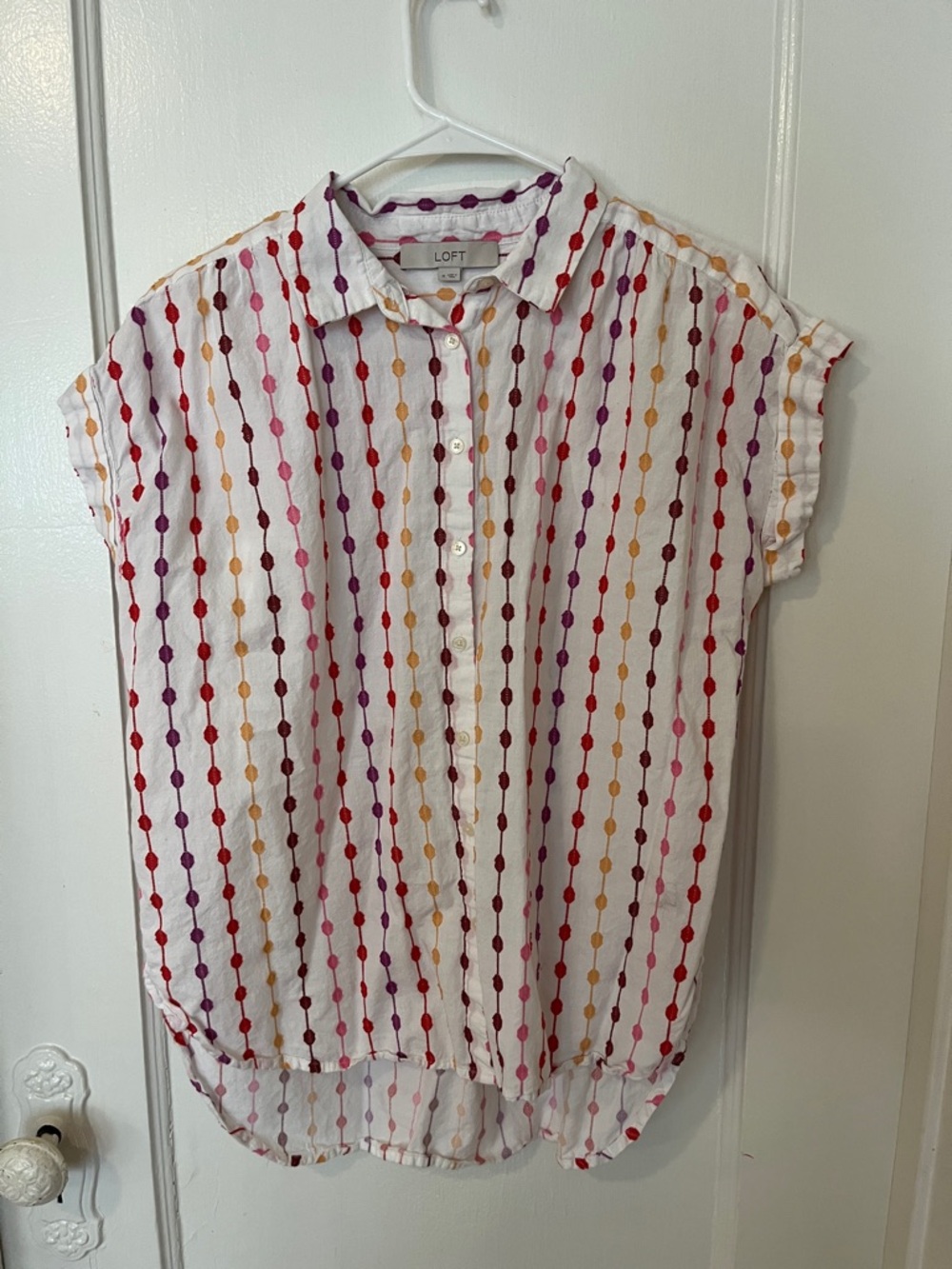 LOFT White Cap Sleeve Button-Down with Colorful Embroidered Dots